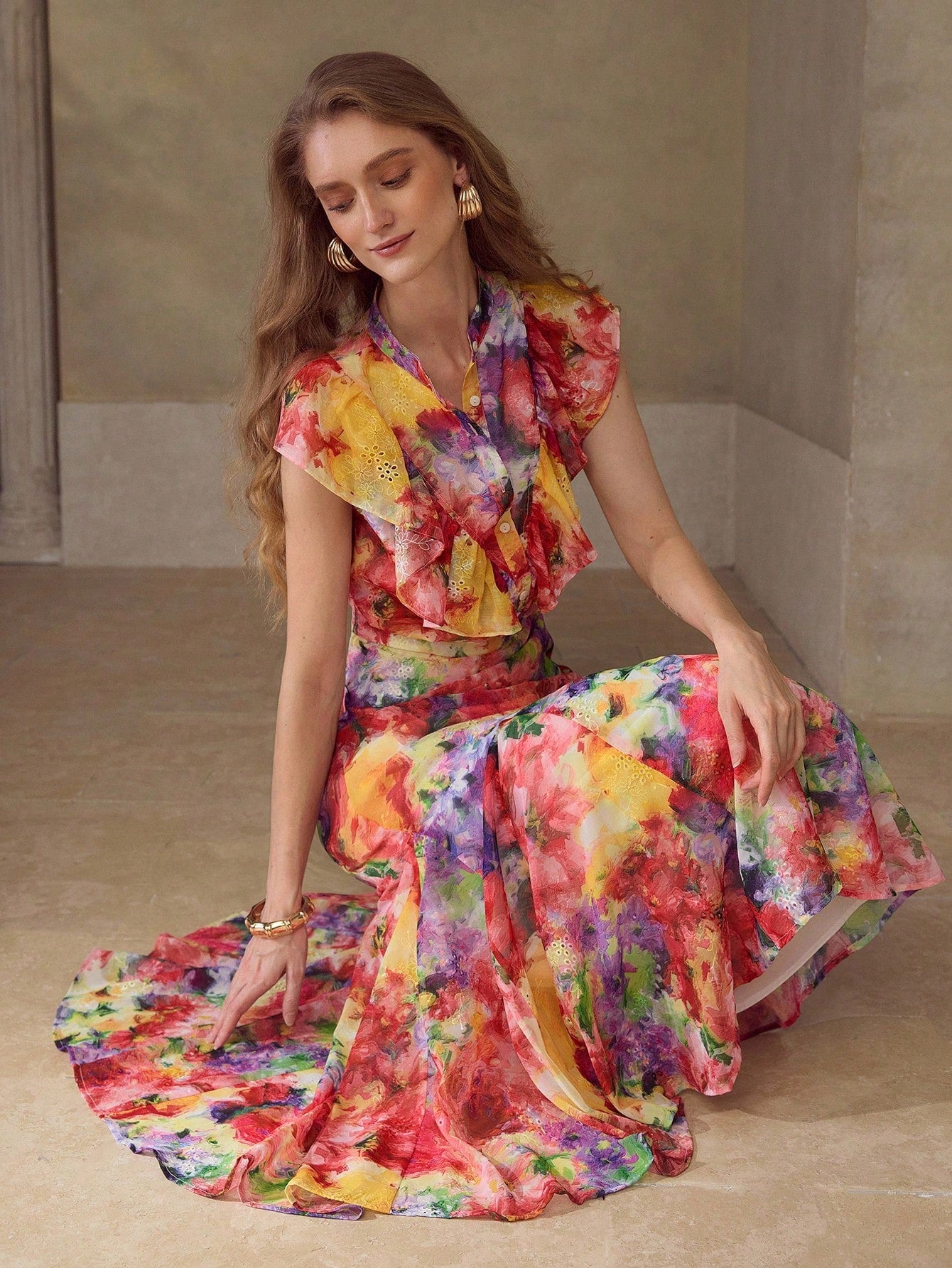 CM-DS936373 Women Elegant Seoul Style All Over Floral Print Round Neck Flounce Sleeve Ruffle Trim Hem Dress