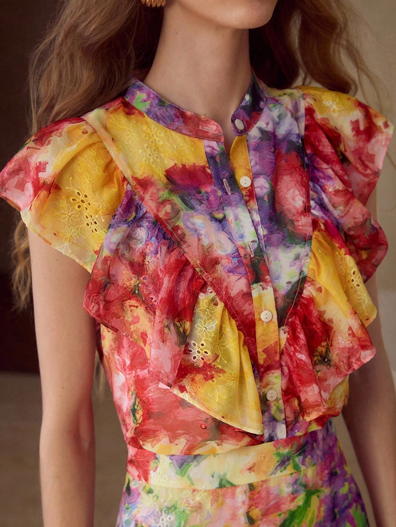 CM-DS936373 Women Elegant Seoul Style All Over Floral Print Round Neck Flounce Sleeve Ruffle Trim Hem Dress