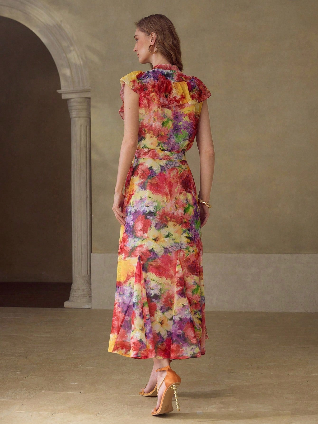 CM-DS936373 Women Elegant Seoul Style All Over Floral Print Round Neck Flounce Sleeve Ruffle Trim Hem Dress