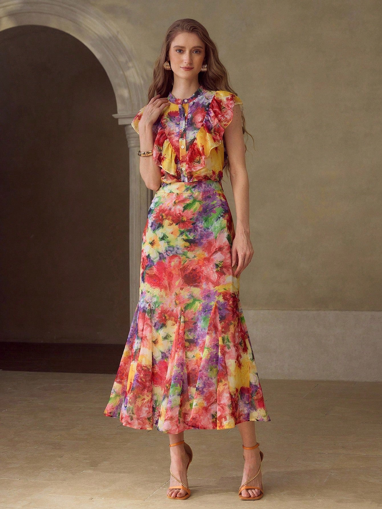 CM-DS936373 Women Elegant Seoul Style All Over Floral Print Round Neck Flounce Sleeve Ruffle Trim Hem Dress