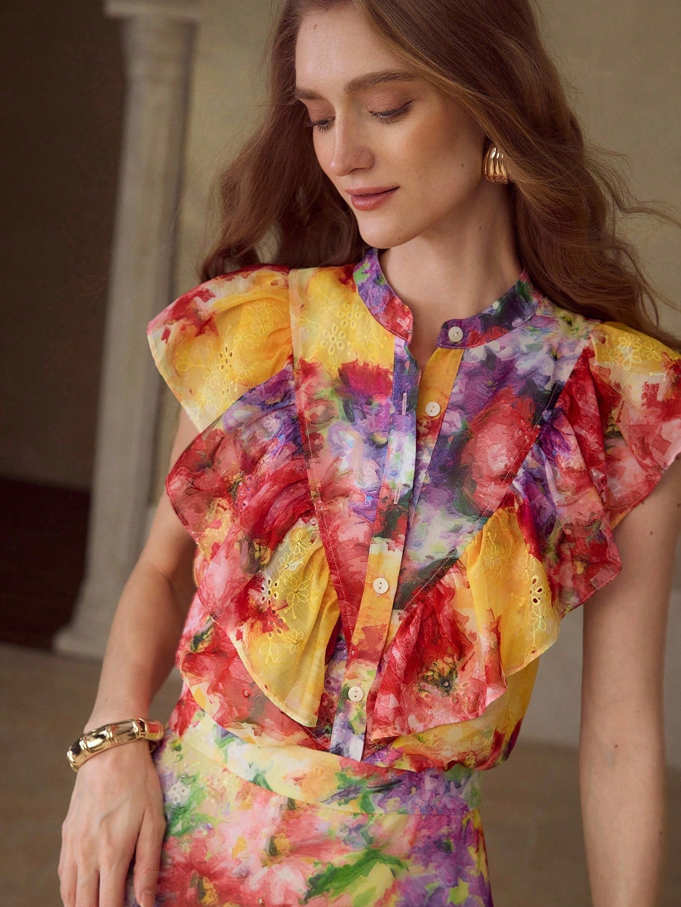 CM-DS936373 Women Elegant Seoul Style All Over Floral Print Round Neck Flounce Sleeve Ruffle Trim Hem Dress