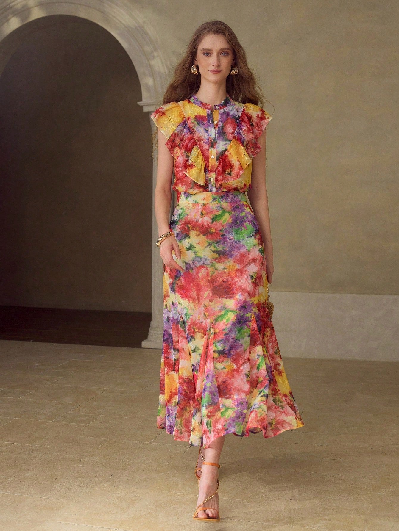 CM-DS936373 Women Elegant Seoul Style All Over Floral Print Round Neck Flounce Sleeve Ruffle Trim Hem Dress