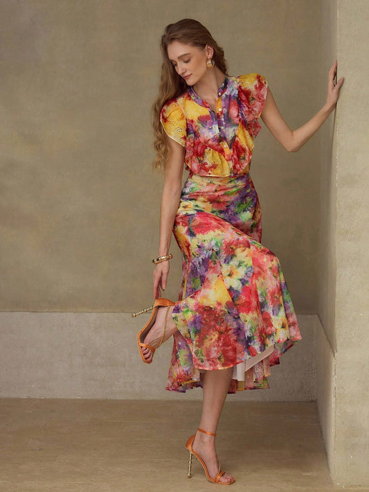 CM-DS936373 Women Elegant Seoul Style All Over Floral Print Round Neck Flounce Sleeve Ruffle Trim Hem Dress