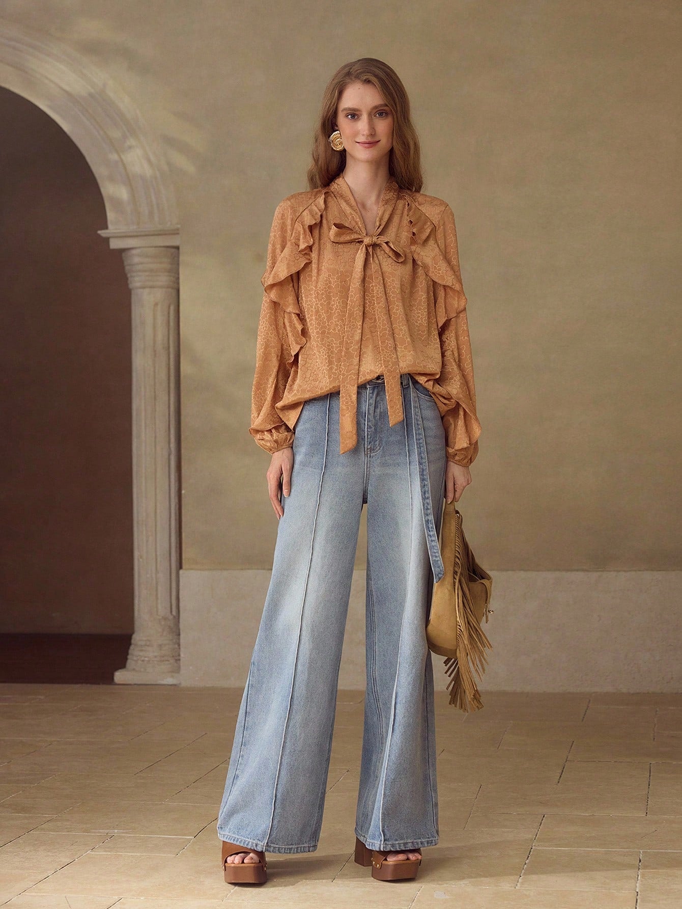 CM-TS944423 Women Elegant Seoul Style Tie Neck Long Sleeve Ruffle Jacquard Knot Blouse - Brown
