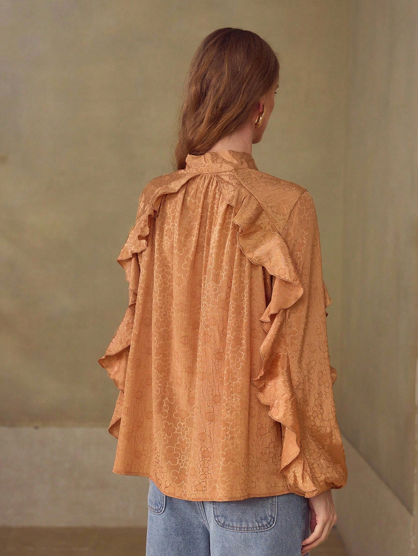 CM-TS944423 Women Elegant Seoul Style Tie Neck Long Sleeve Ruffle Jacquard Knot Blouse - Brown