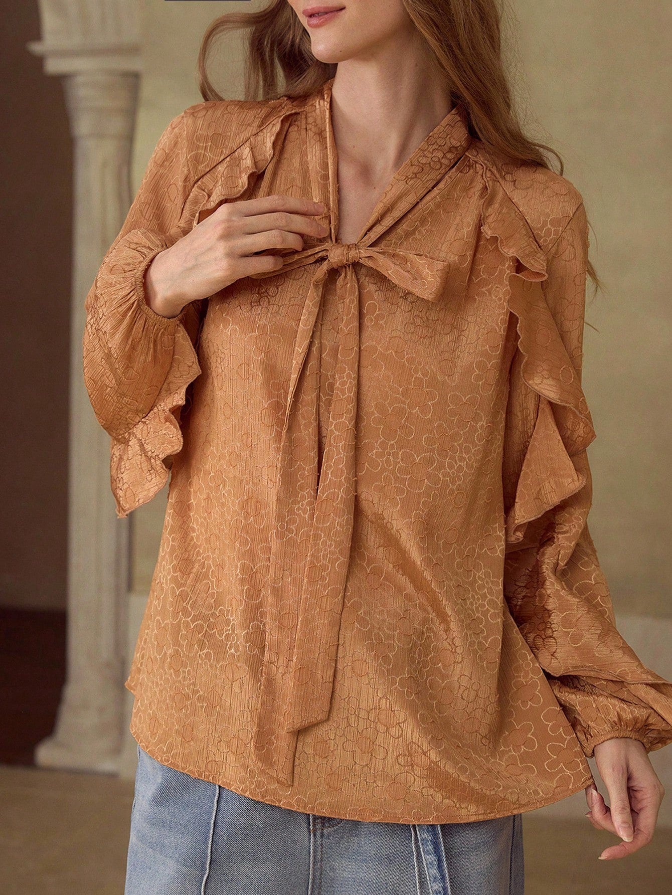 CM-TS944423 Women Elegant Seoul Style Tie Neck Long Sleeve Ruffle Jacquard Knot Blouse - Brown