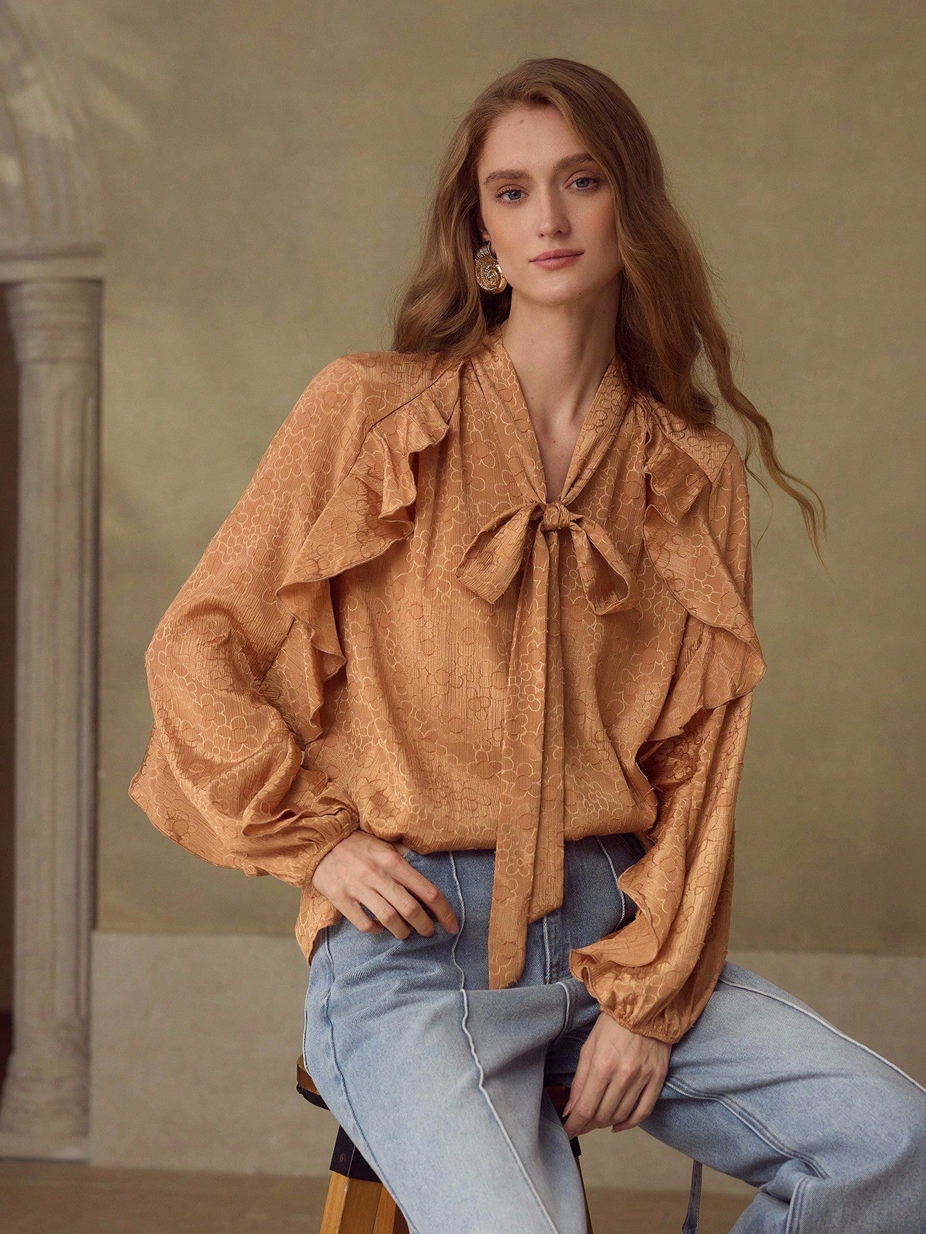 CM-TS944423 Women Elegant Seoul Style Tie Neck Long Sleeve Ruffle Jacquard Knot Blouse - Brown