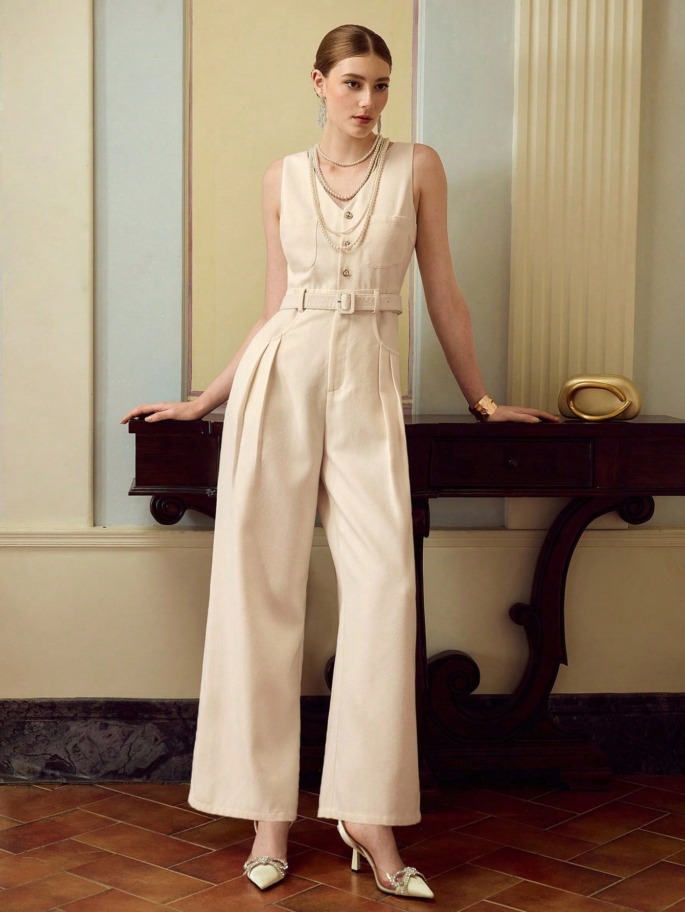CM-JS928147 Women Elegant Seoul Style V-Neck Sleeveless Buttoned Half-Zip Wide Leg Jumpsuit - Apricot