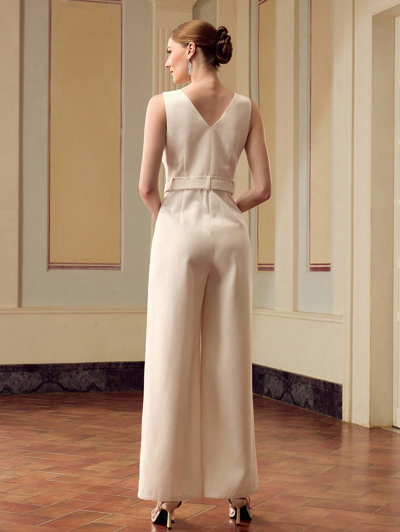CM-JS928147 Women Elegant Seoul Style V-Neck Sleeveless Buttoned Half-Zip Wide Leg Jumpsuit - Apricot