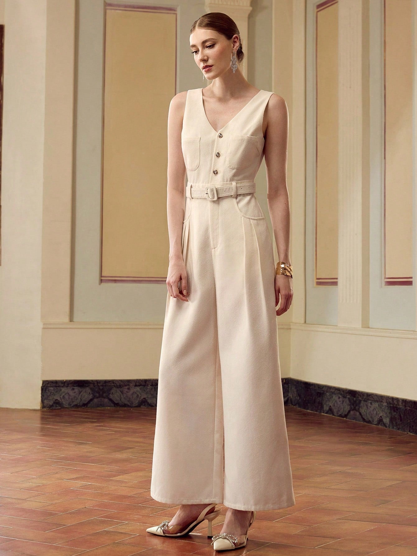 CM-JS928147 Women Elegant Seoul Style V-Neck Sleeveless Buttoned Half-Zip Wide Leg Jumpsuit - Apricot