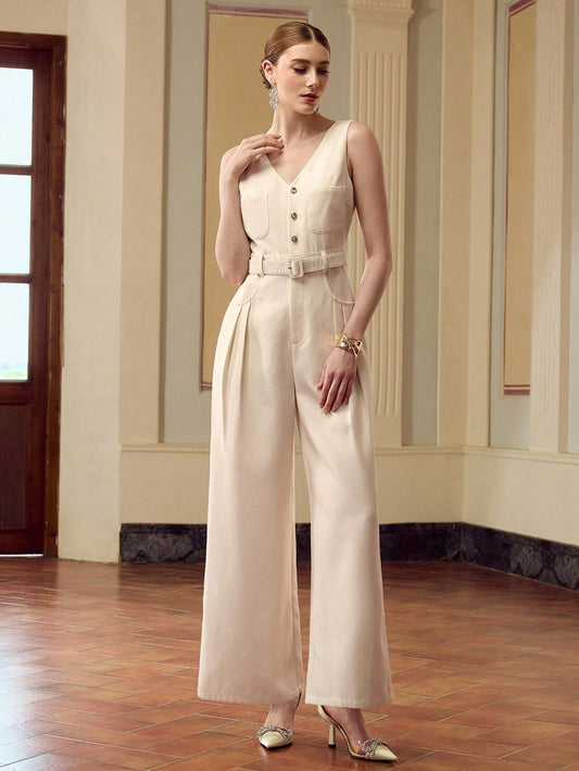 CM-JS928147 Women Elegant Seoul Style V-Neck Sleeveless Buttoned Half-Zip Wide Leg Jumpsuit - Apricot