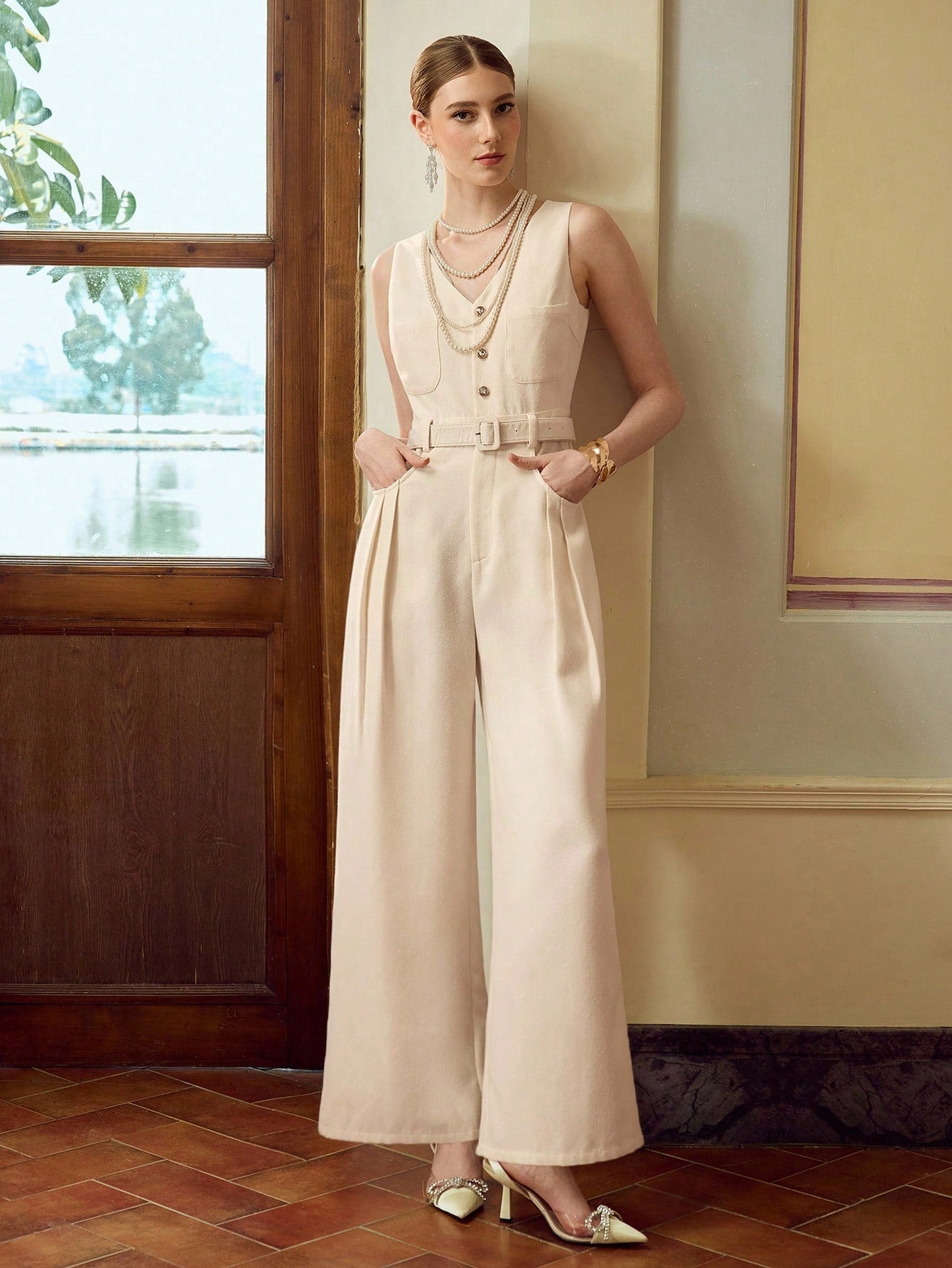 CM-JS928147 Women Elegant Seoul Style V-Neck Sleeveless Buttoned Half-Zip Wide Leg Jumpsuit - Apricot