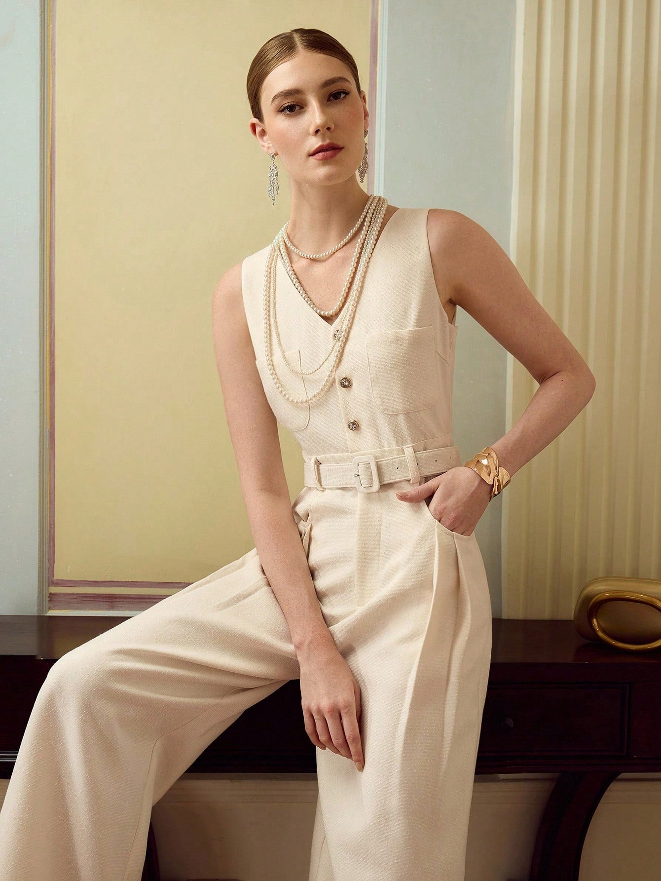 CM-JS928147 Women Elegant Seoul Style V-Neck Sleeveless Buttoned Half-Zip Wide Leg Jumpsuit - Apricot