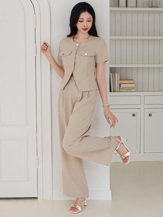 CM-SS453585 Women Casual Seoul Style Plain Front Button Closure Short Sleeve Top With Long Pants - Set