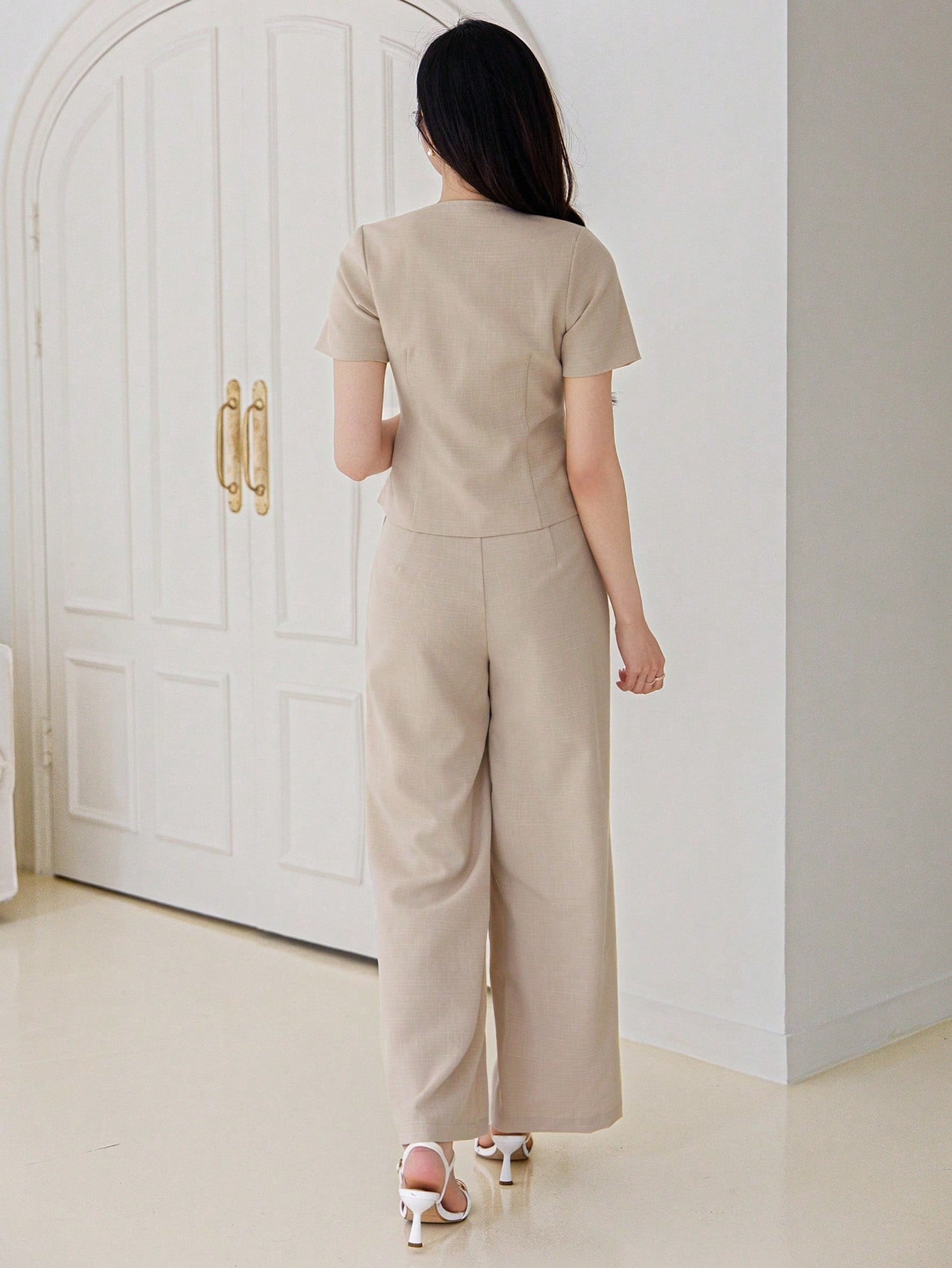 CM-SS453585 Women Casual Seoul Style Plain Front Button Closure Short Sleeve Top With Long Pants - Set