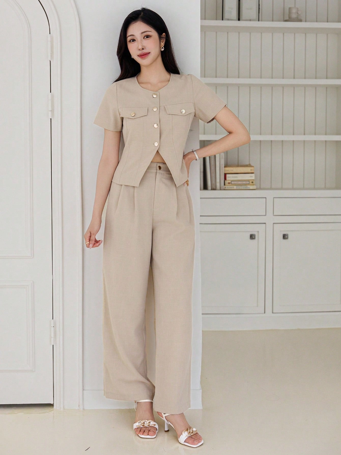CM-SS453585 Women Casual Seoul Style Plain Front Button Closure Short Sleeve Top With Long Pants - Set