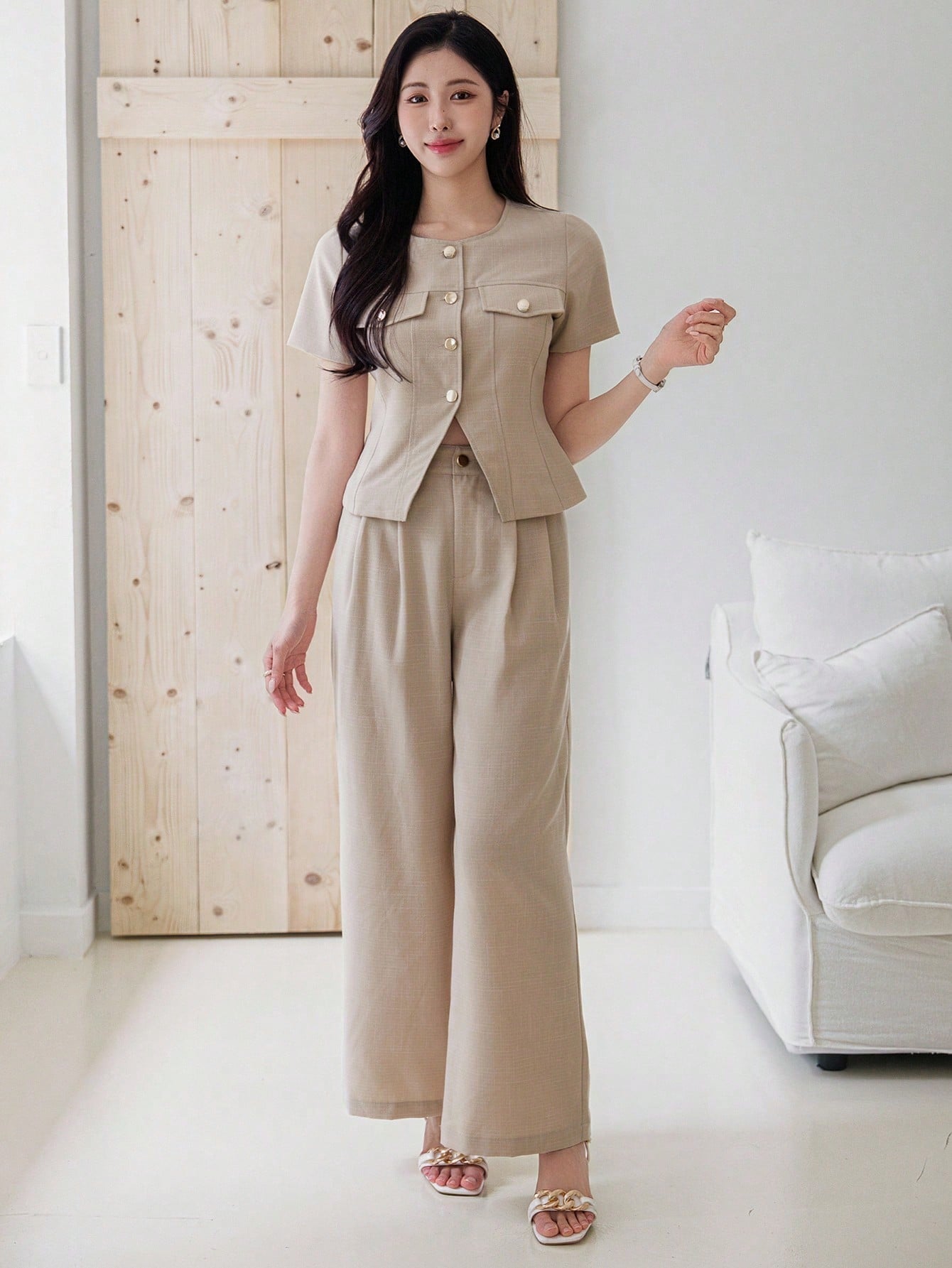 CM-SS453585 Women Casual Seoul Style Plain Front Button Closure Short Sleeve Top With Long Pants - Set