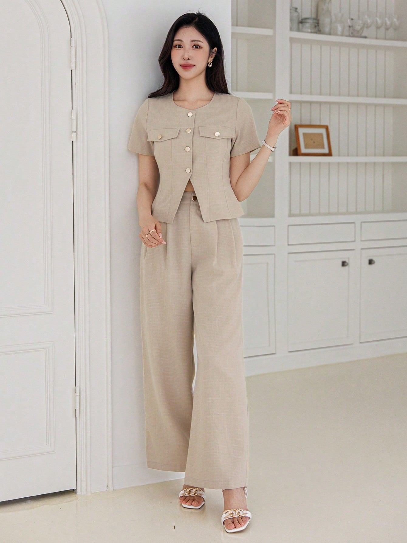 CM-SS453585 Women Casual Seoul Style Plain Front Button Closure Short Sleeve Top With Long Pants - Set