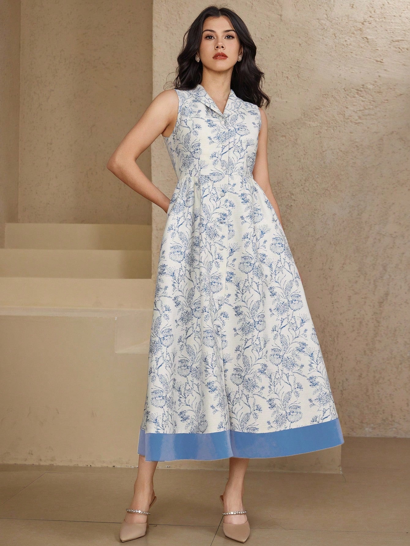 CM-DS750007 Women Elegant Seoul Style Floral Print Collared Sleeveless Maxi Dress - Blue