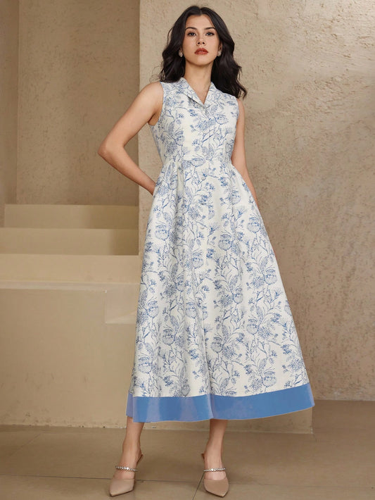 CM-DS750007 Women Elegant Seoul Style Floral Print Collared Sleeveless Maxi Dress - Blue