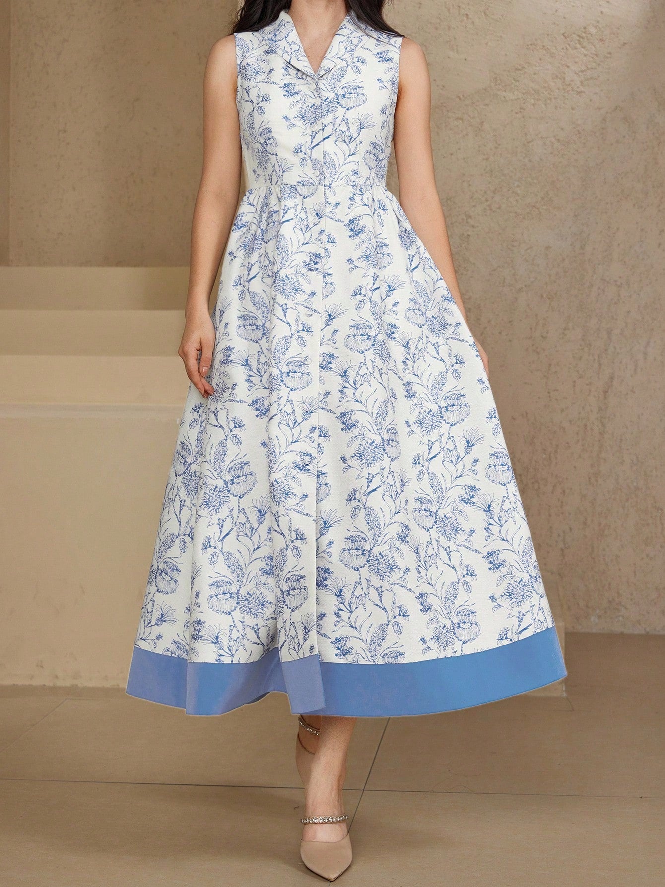 CM-DS750007 Women Elegant Seoul Style Floral Print Collared Sleeveless Maxi Dress - Blue