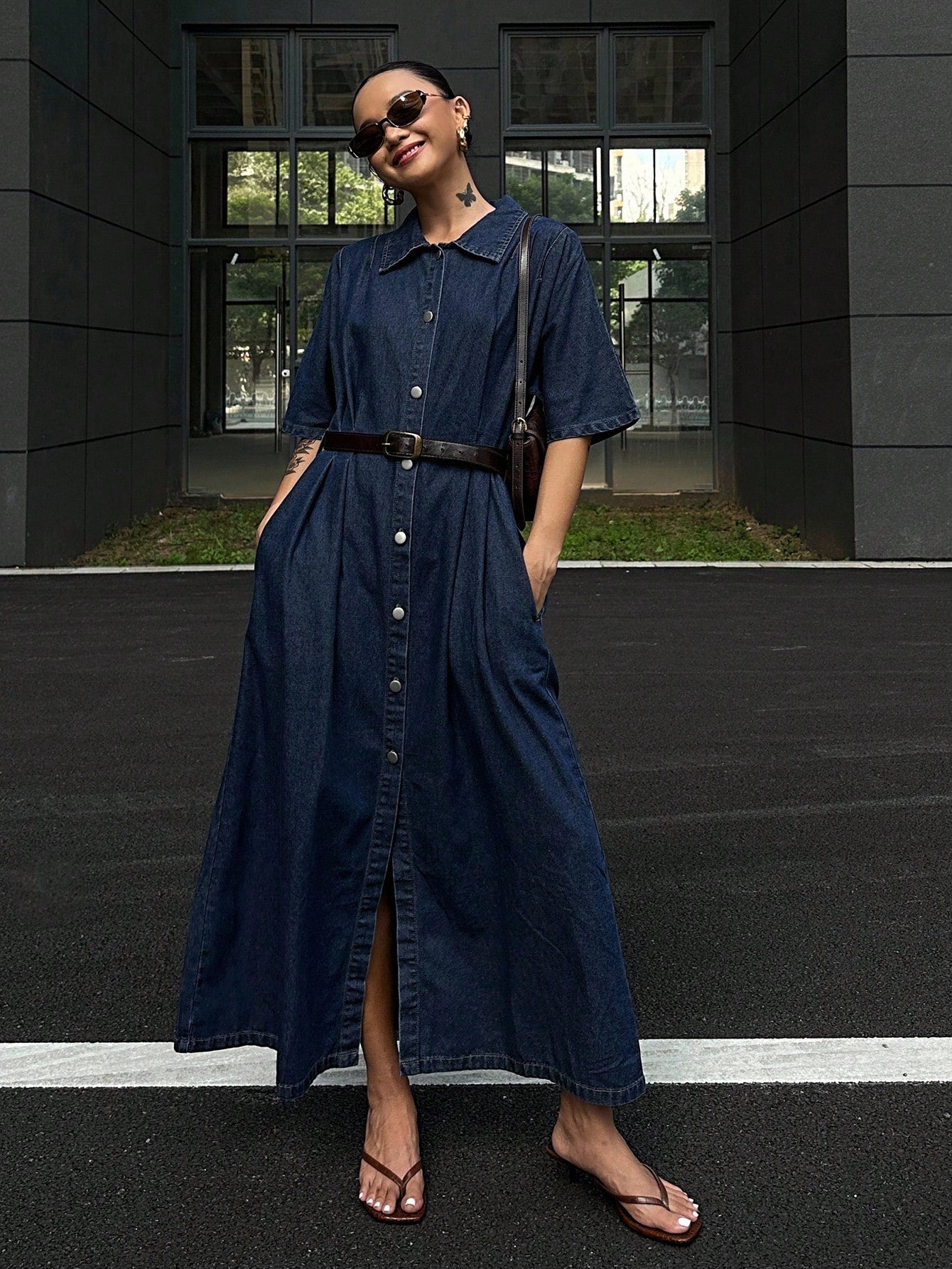 CM-DS532122 Women Casual Seoul Style Collar Neckline Short Sleeve Waist Cinching Denim Dress - Blue