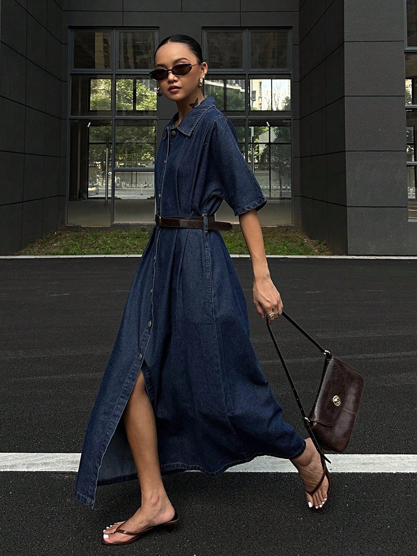 CM-DS532122 Women Casual Seoul Style Collar Neckline Short Sleeve Waist Cinching Denim Dress - Blue