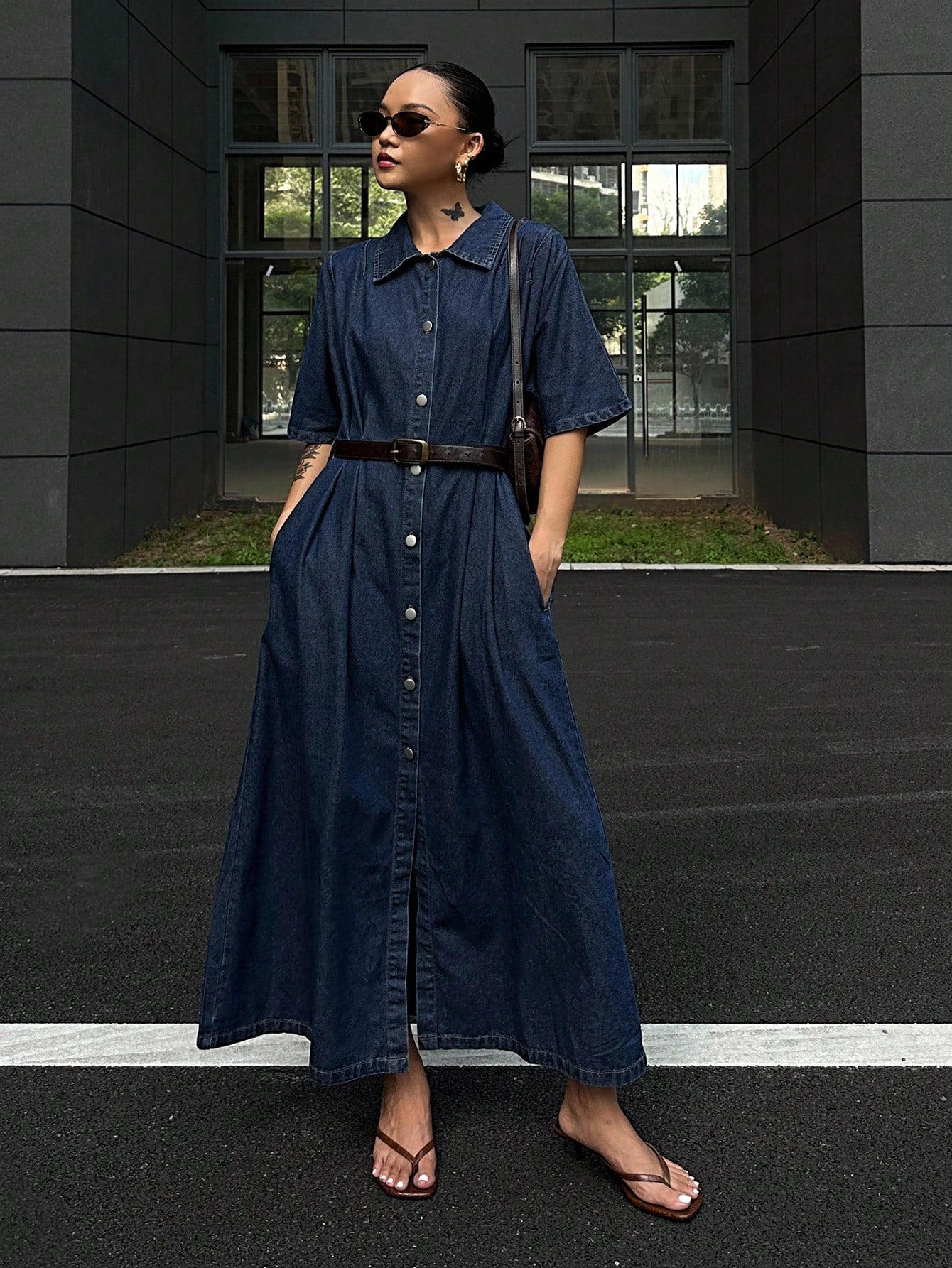 CM-DS532122 Women Casual Seoul Style Collar Neckline Short Sleeve Waist Cinching Denim Dress - Blue