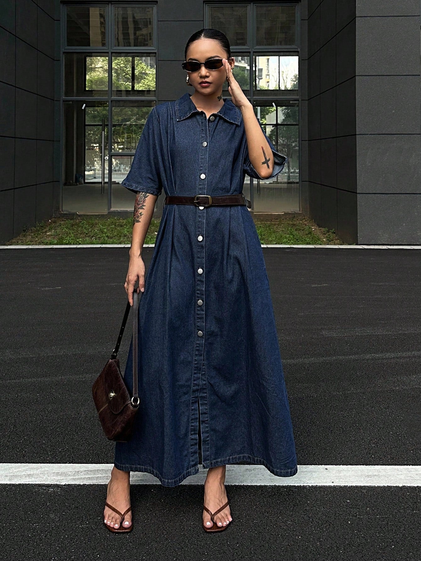 CM-DS532122 Women Casual Seoul Style Collar Neckline Short Sleeve Waist Cinching Denim Dress - Blue