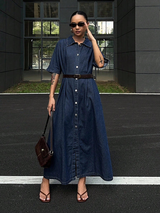 CM-DS532122 Women Casual Seoul Style Collar Neckline Short Sleeve Waist Cinching Denim Dress - Blue