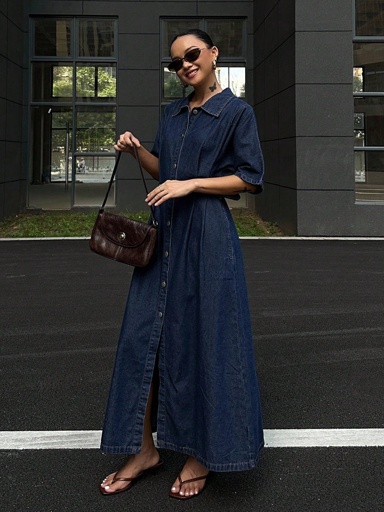 CM-DS532122 Women Casual Seoul Style Collar Neckline Short Sleeve Waist Cinching Denim Dress - Blue