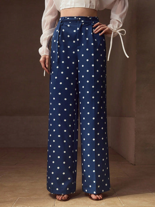 CM-BS543014 Women Elegant Seoul Style Polka Dot Press Crease Wide Leg Pants - Navy Blue
