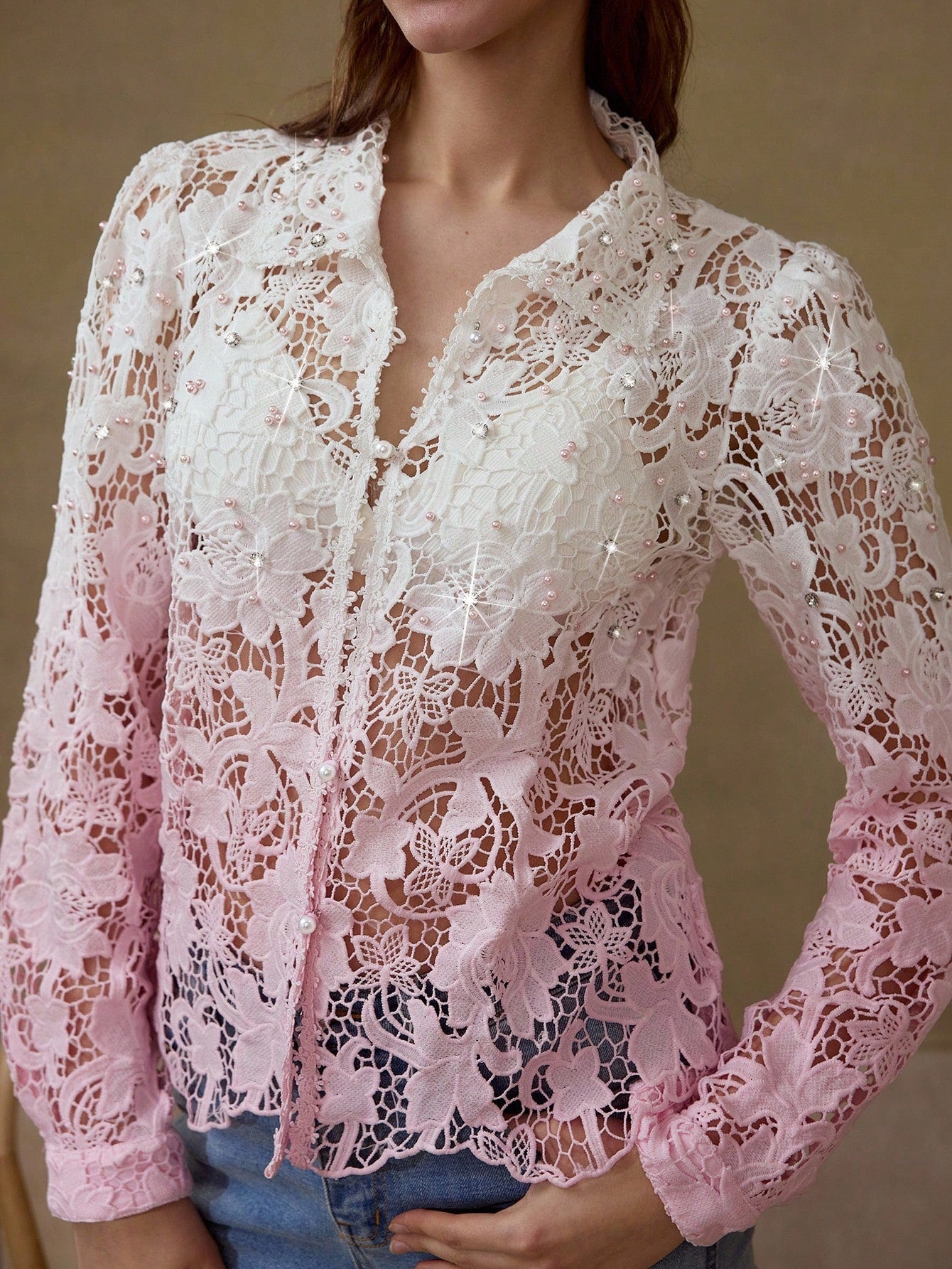 CM-TS321333 Women Elegant Seoul Style Ombre Hollow Guipure Lace Rhinestone Decor Long Sleeve Blouse - Pink