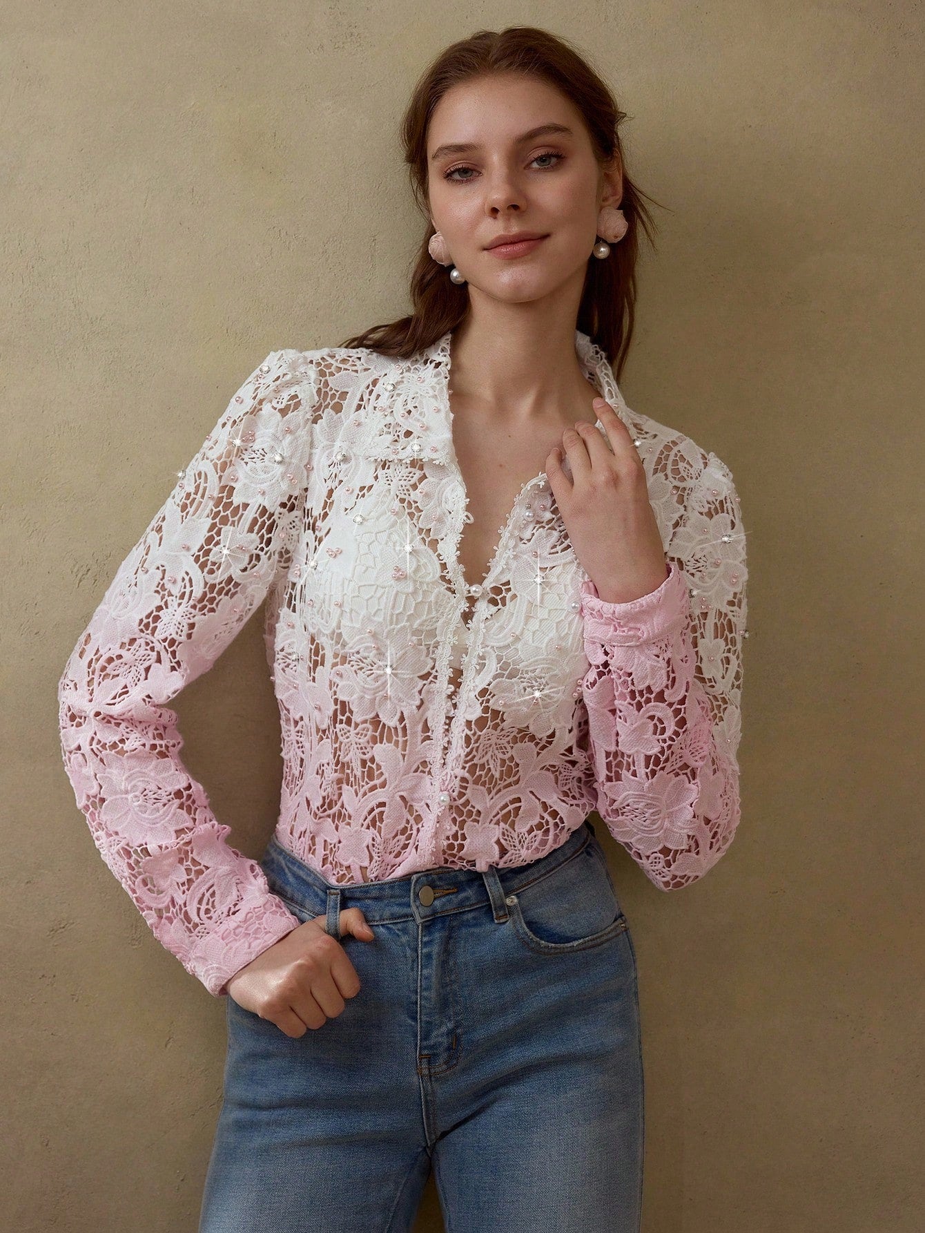 CM-TS321333 Women Elegant Seoul Style Ombre Hollow Guipure Lace Rhinestone Decor Long Sleeve Blouse - Pink