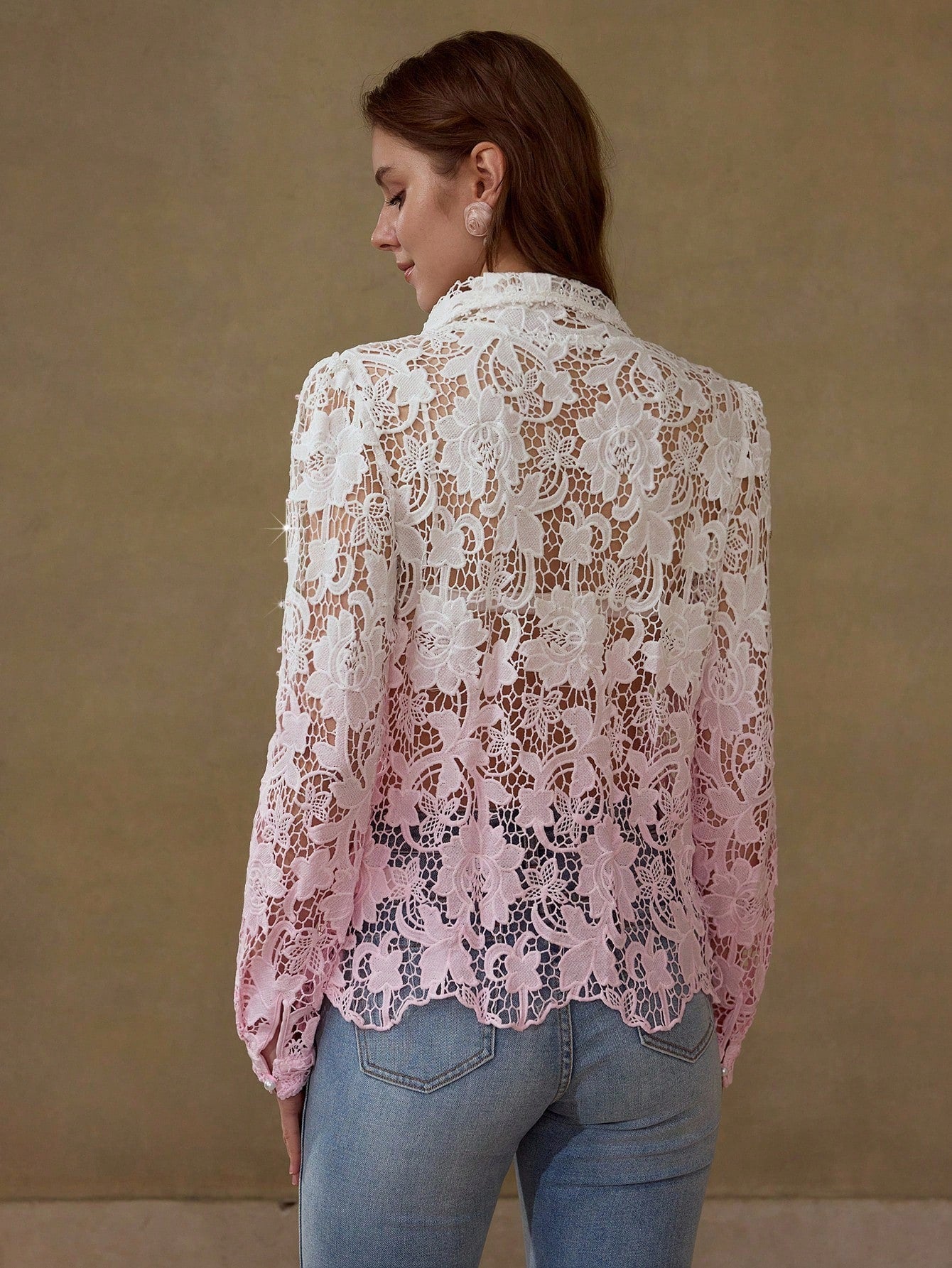 CM-TS321333 Women Elegant Seoul Style Ombre Hollow Guipure Lace Rhinestone Decor Long Sleeve Blouse - Pink