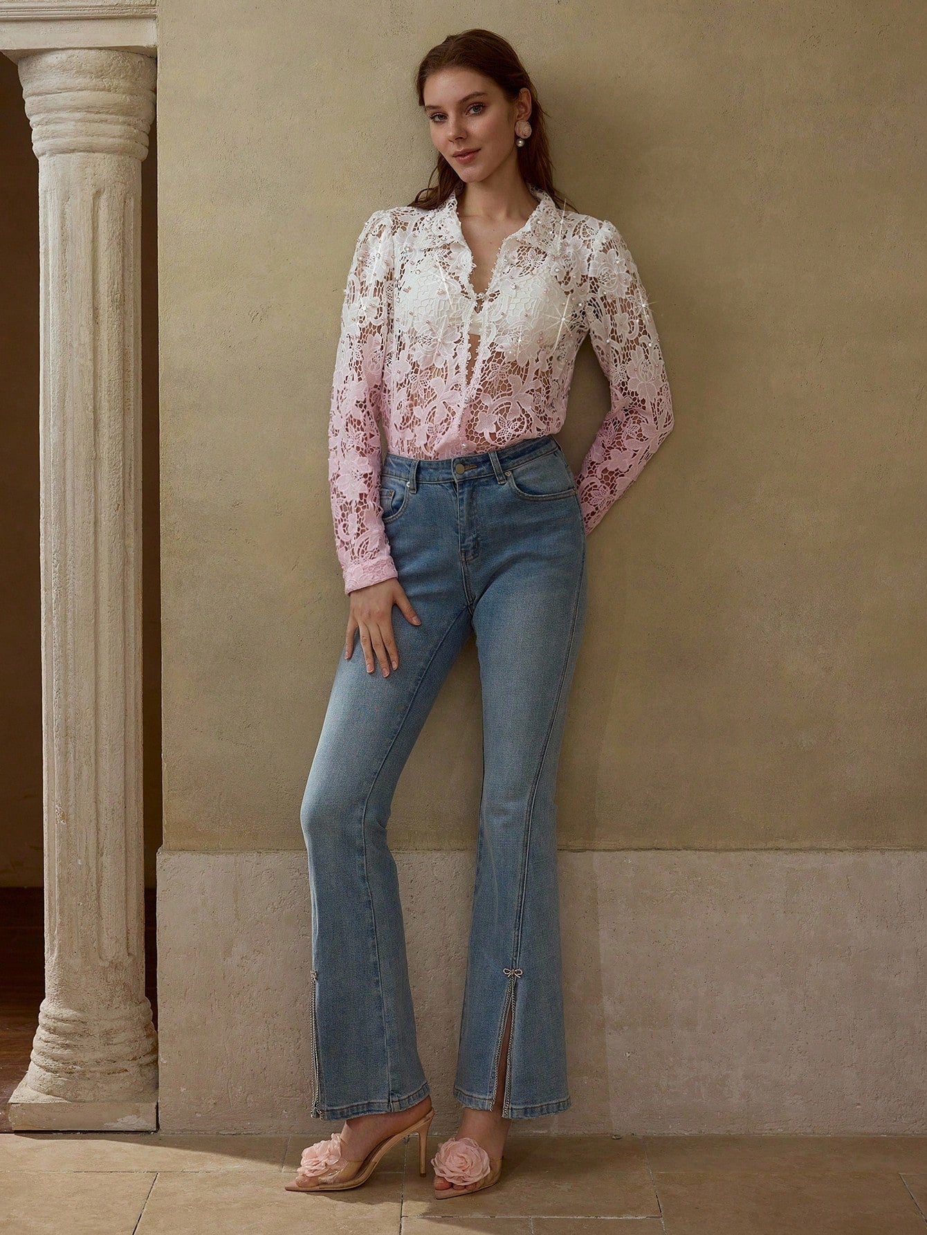 CM-TS321333 Women Elegant Seoul Style Ombre Hollow Guipure Lace Rhinestone Decor Long Sleeve Blouse - Pink