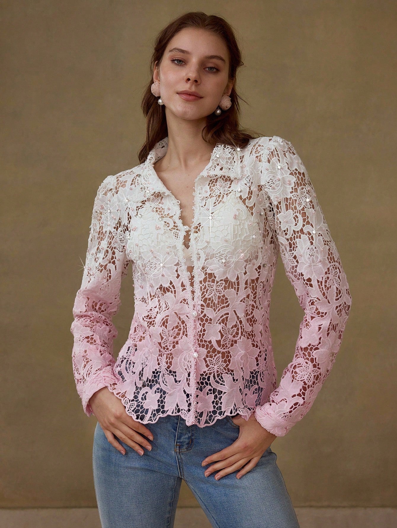 CM-TS321333 Women Elegant Seoul Style Ombre Hollow Guipure Lace Rhinestone Decor Long Sleeve Blouse - Pink