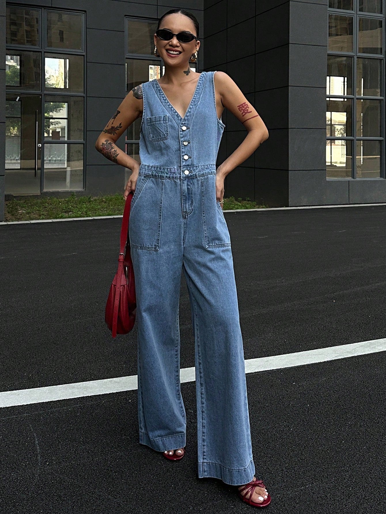 CM-JS409809 Women Casual Seoul Style Medium Wash V-Neck Sleeveless Half-Button Front Denim Jumpsuit