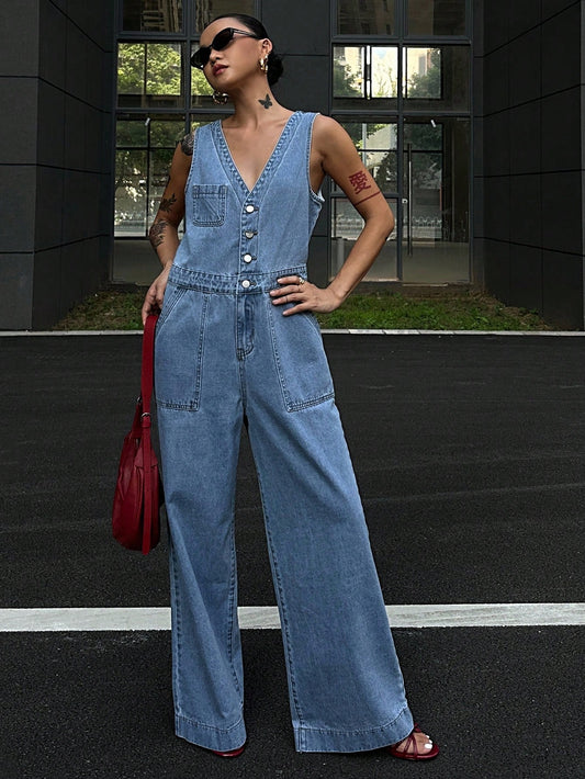 CM-JS409809 Women Casual Seoul Style Medium Wash V-Neck Sleeveless Half-Button Front Denim Jumpsuit