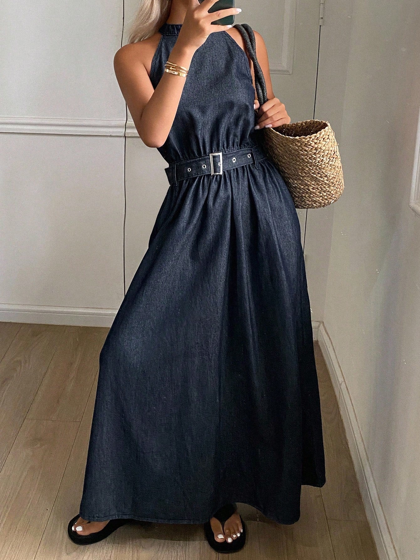 CM-DS839073 Women Casual Seoul Style Halter Neckline Sleeveless Cinched Waist A-Line Midi Denim Dress - Blue