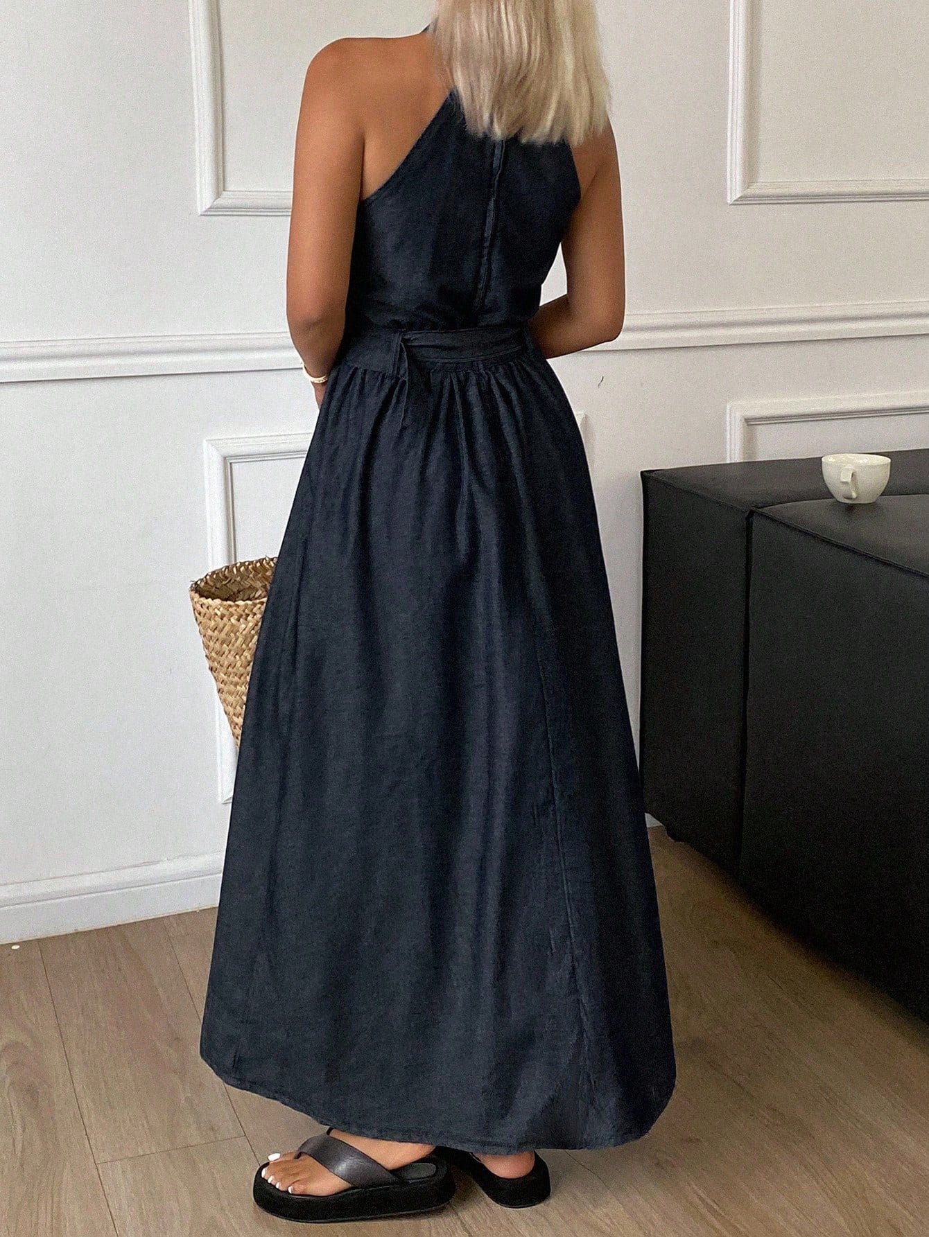 CM-DS839073 Women Casual Seoul Style Halter Neckline Sleeveless Cinched Waist A-Line Midi Denim Dress - Blue