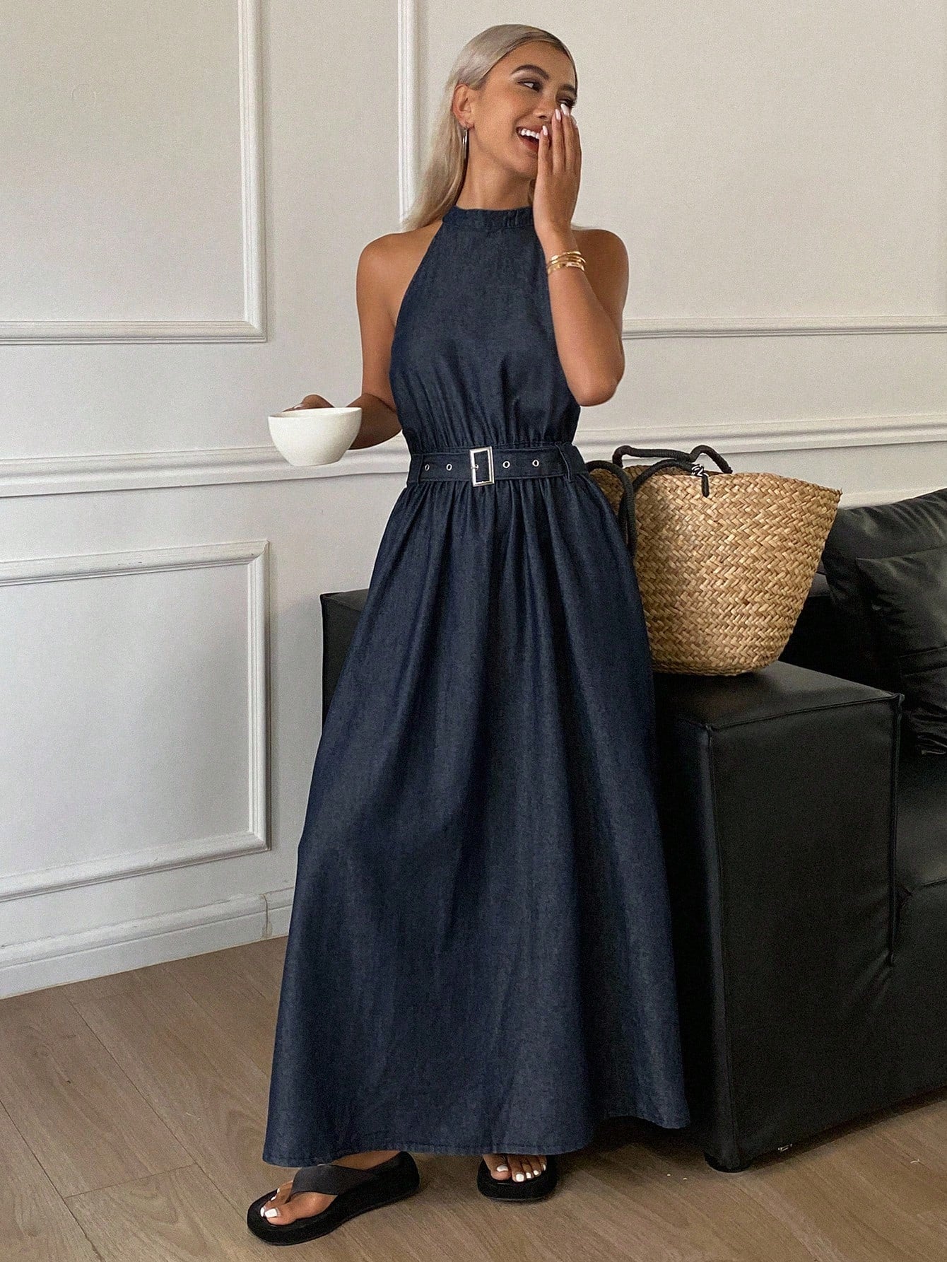 CM-DS839073 Women Casual Seoul Style Halter Neckline Sleeveless Cinched Waist A-Line Midi Denim Dress - Blue