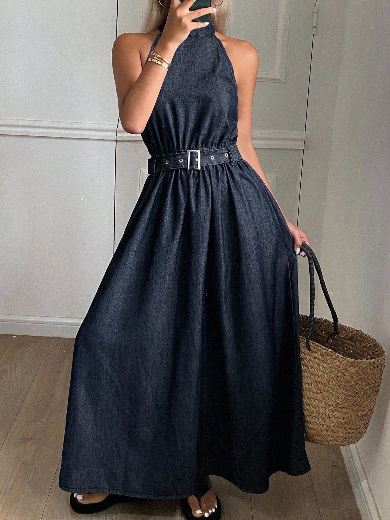 CM-DS839073 Women Casual Seoul Style Halter Neckline Sleeveless Cinched Waist A-Line Midi Denim Dress - Blue