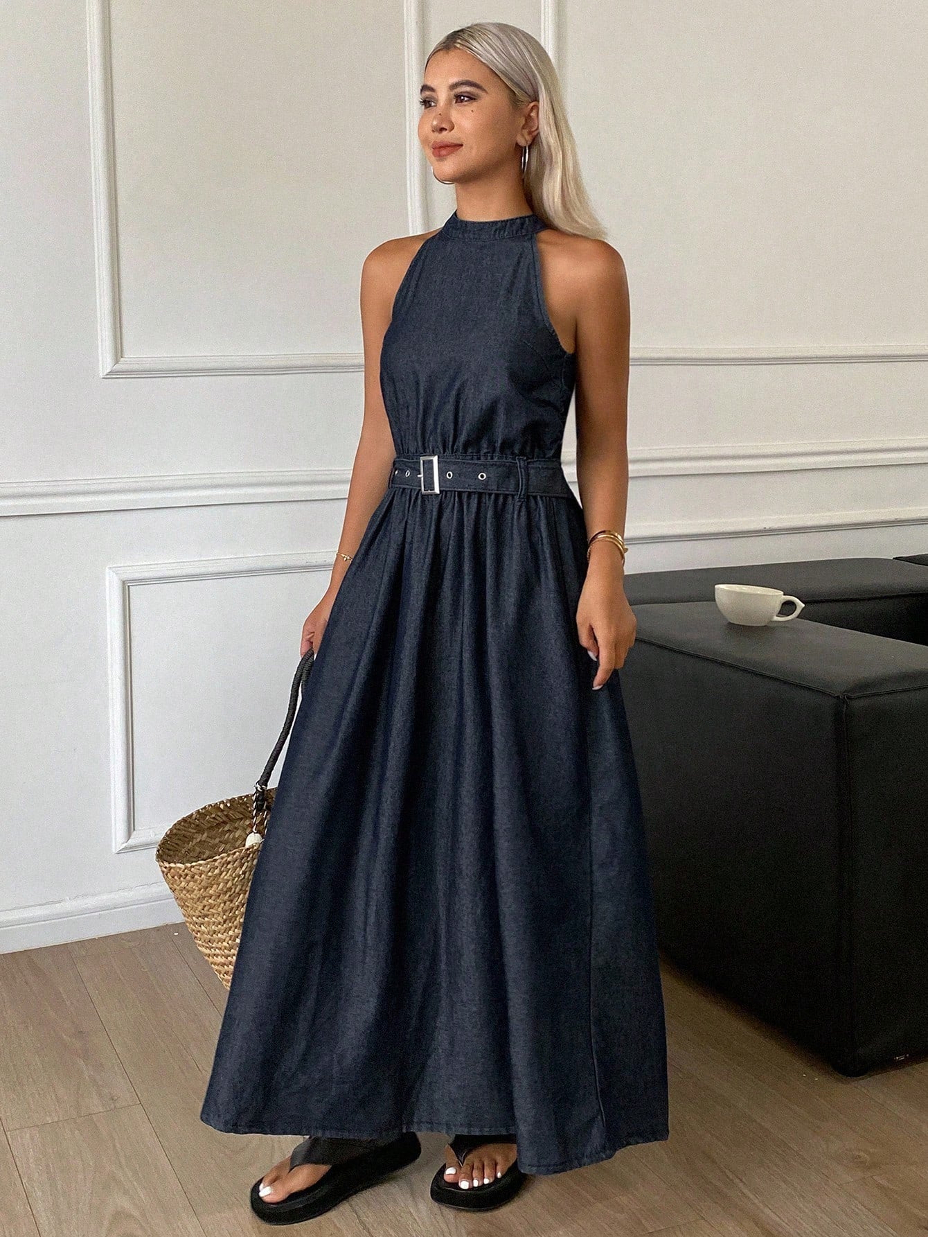 CM-DS839073 Women Casual Seoul Style Halter Neckline Sleeveless Cinched Waist A-Line Midi Denim Dress - Blue