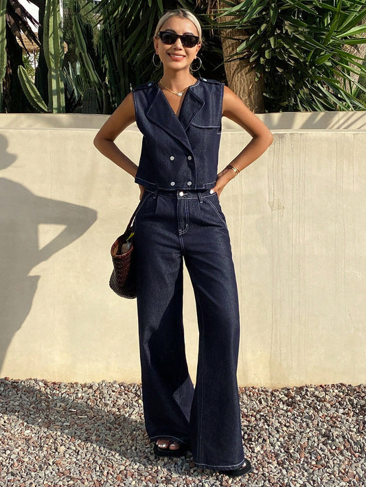 CM-SS602097 Women Casual Seoul Style Lapel Neckline Sleeveless Denim Vest With Pants - Set