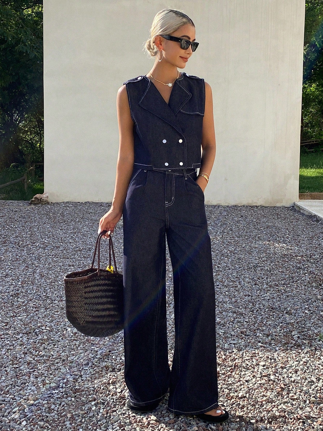 CM-SS602097 Women Casual Seoul Style Lapel Neckline Sleeveless Denim Vest With Pants - Set