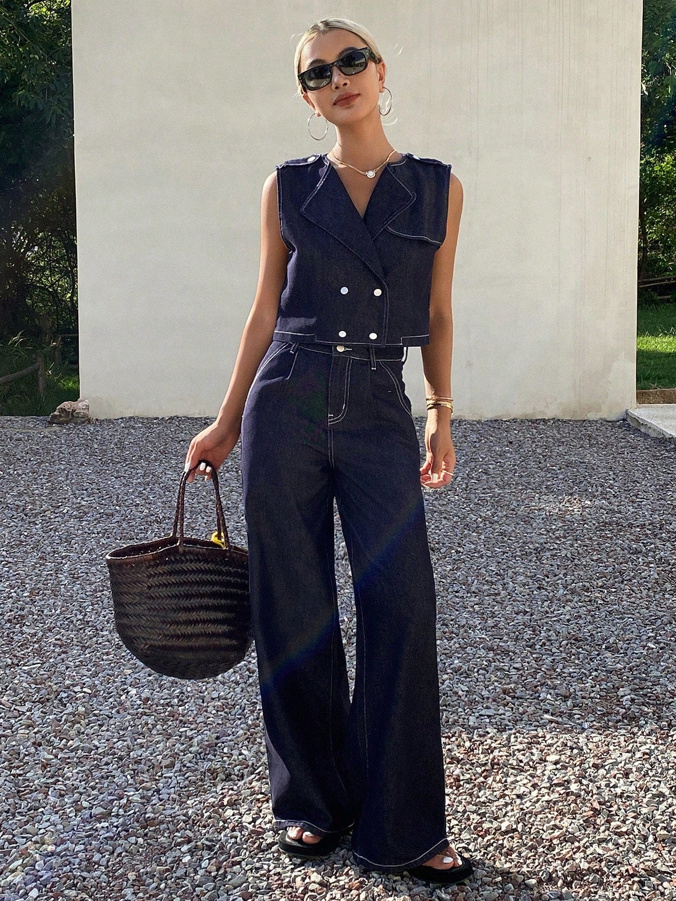 CM-SS602097 Women Casual Seoul Style Lapel Neckline Sleeveless Denim Vest With Pants - Set