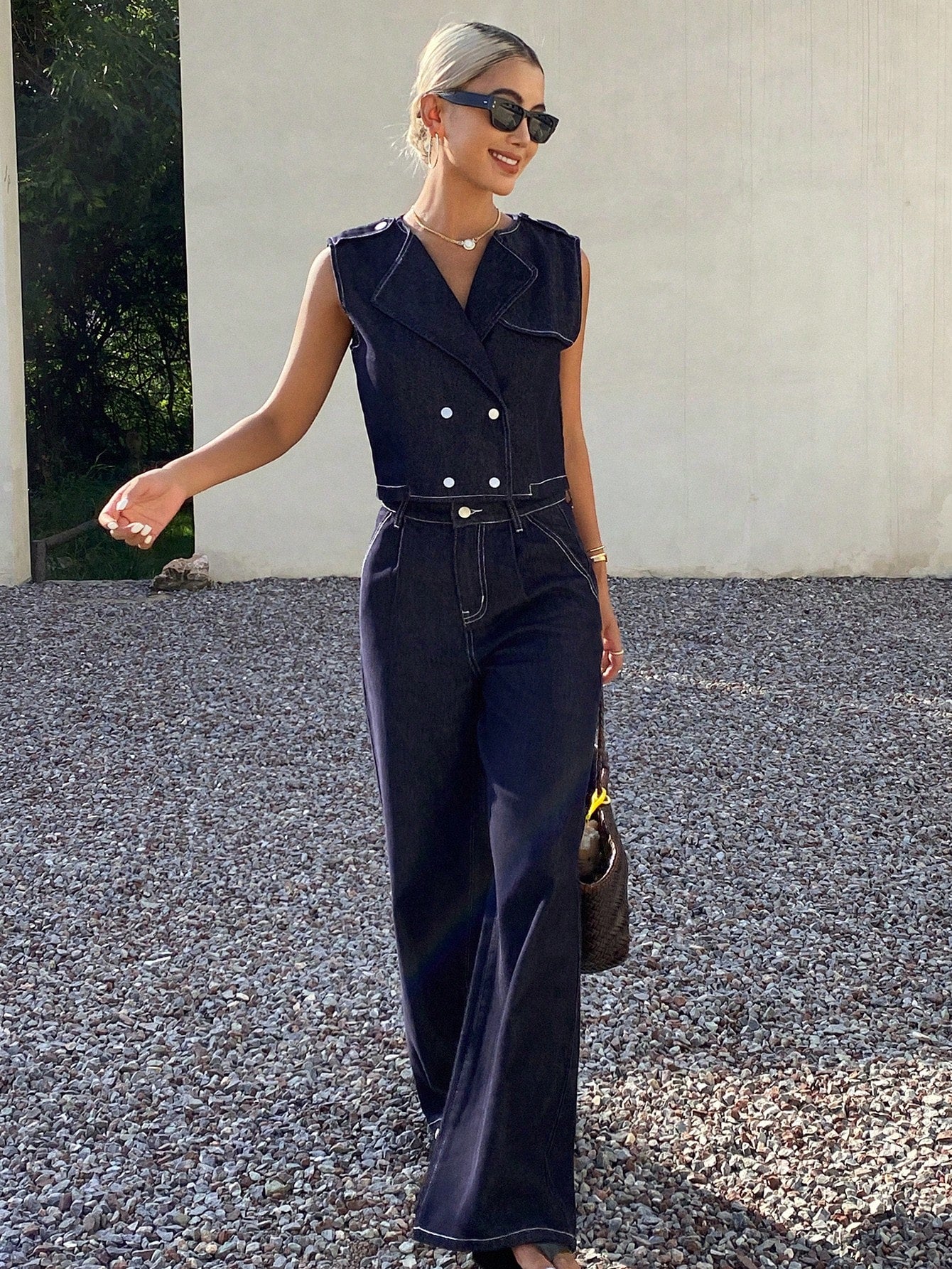 CM-SS602097 Women Casual Seoul Style Lapel Neckline Sleeveless Denim Vest With Pants - Set