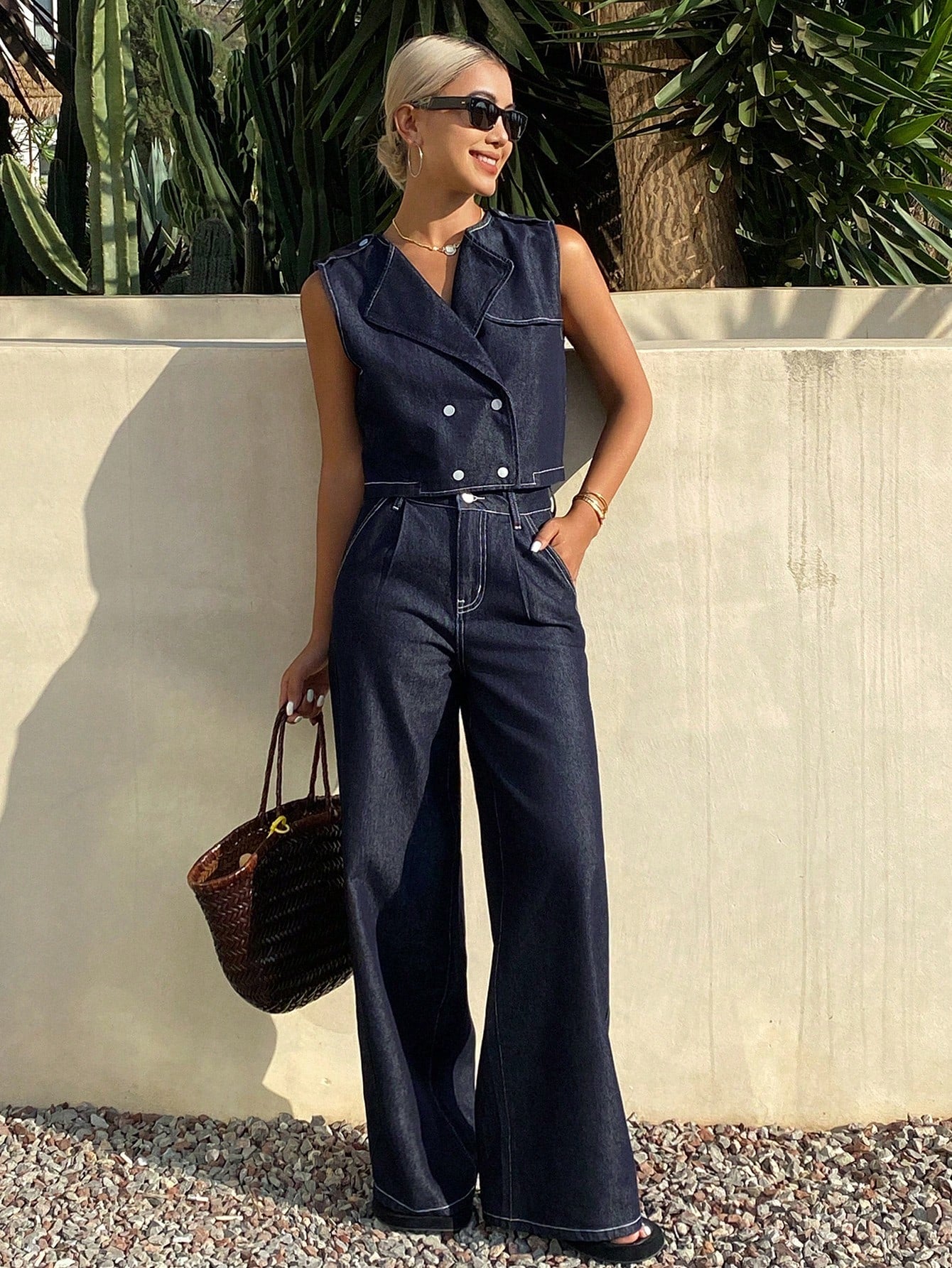 CM-SS602097 Women Casual Seoul Style Lapel Neckline Sleeveless Denim Vest With Pants - Set
