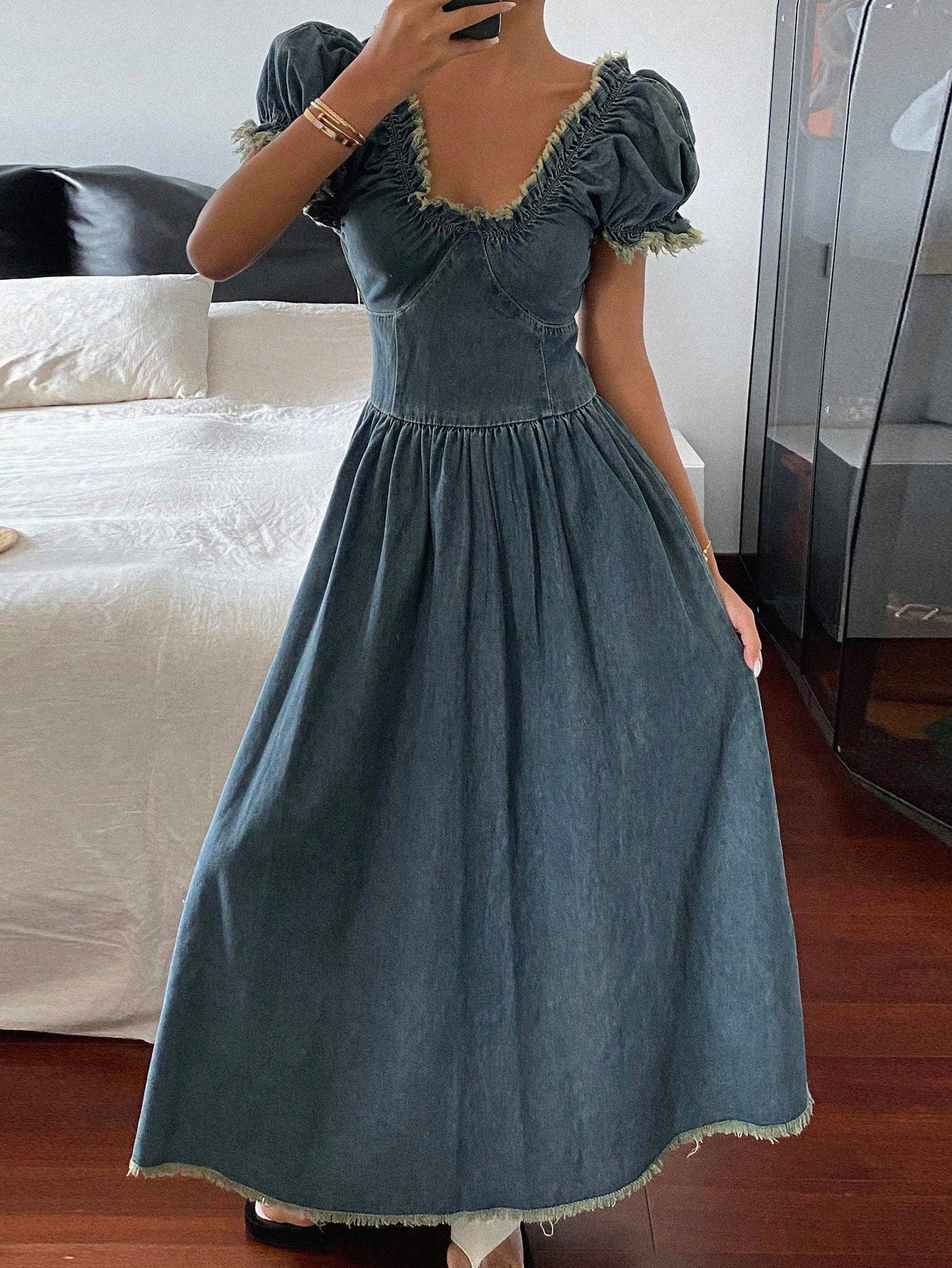 CM-DS718317 Women Casual Seoul Style Sweetheart Neckline Ripped Puff Sleeve Waisted A-Line Long Denim Dress - Blue